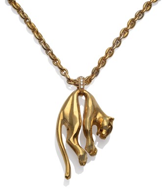 Lot 236 - A Panthère Pendant on Chain, by Cartier, the hanging panther in a doubled over position, with...