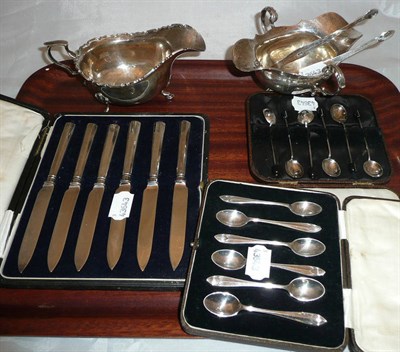 Lot 406 - Two silver sauce boats, silver sugar tongs etc