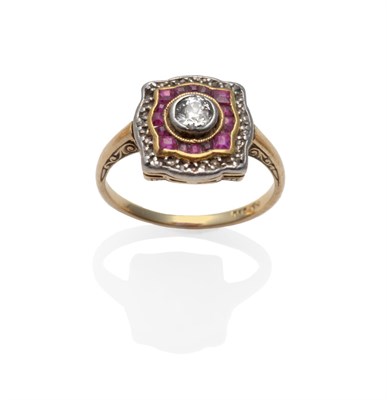 Lot 237 - An Art Deco Diamond and Ruby Ring, an old cut diamond in a white rubbed over setting, within a...