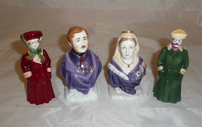 Lot 416 - Four Royal Worcester snuffers, male and female motorists and prince Albert and Victoria, boxed with