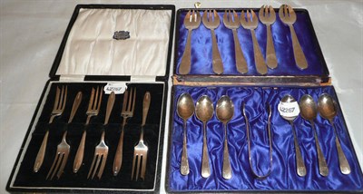 Lot 418 - Set of six silver teaspoons and tong, cased, set of six forks cased and set of six silver cake...