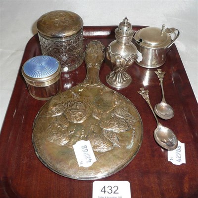 Lot 432 - A silver backed hand mirror and covered glass toilet jar, a glass toilet jar with silver and...