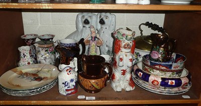 Lot 449 - Shelf of assorted ceramics including Staffordshire dogs, teawares etc