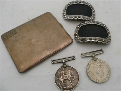 Lot 458 - Two medals, pair buckles (18? cut steel) and a silver cigarette case