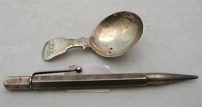 Lot 461 - Silver caddy spoon and a silver pencil