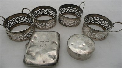 Lot 468 - Four silver cup holders, cigarette case and a snuff box