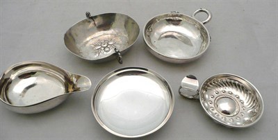 Lot 473 - A silver pap boat, a small silver dish 4.31oz and other white metal ware