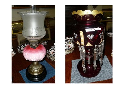 Lot 487 - A Victorian oil lamp and a ruby drop lustre (a.f.)