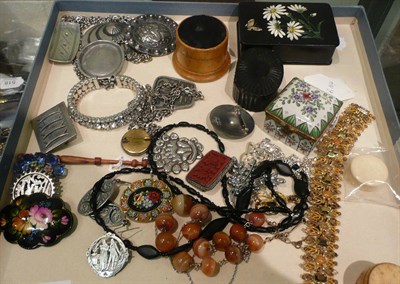 Lot 523 - A small quantity of costume jewellery, snuff boxes, sycamore pin cushion/box, thimbles etc