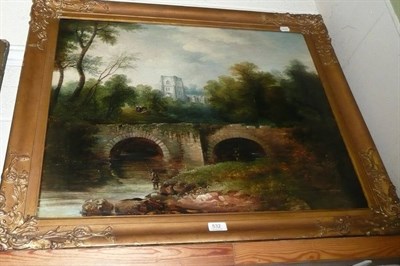 Lot 532 - River landscape with figures fishing by a bridge, a church nearby, in the style of J H Hawkesworth