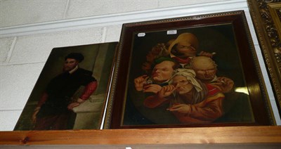 Lot 535 - Two oil paintings - portrait of the Earl of Warwick and caricature portrait of pipe smokers and...