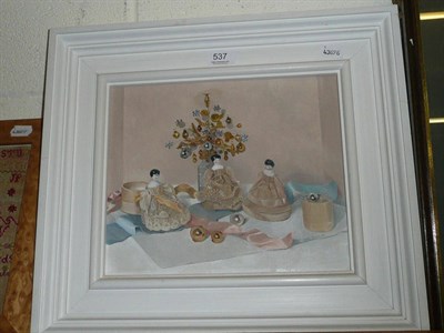 Lot 537 - Audrey Johnson, still life of figurines and a tree with decorations