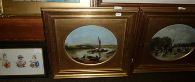 Lot 548 - A pair of 19th century river landscapes, oil on card and four coloured engravings