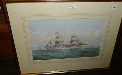 Lot 549 - Watercolour of a freighter (HMS Serapis) with other shipping off a coastline signed 'Robert...