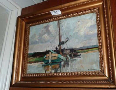 Lot 551 - Pieneman - Sailing barge on a Dutch canal, signed oil on board