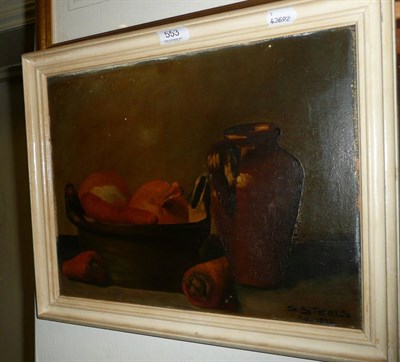 Lot 553 - S Steels - Still life of vegetables and a stoneware jug, oil on board, signed and dated 1920