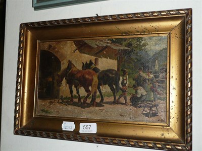 Lot 557 - Oil on canvas, 19th century Continental school, farrier scene