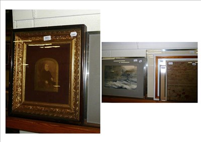 Lot 563 - Two samplers, a gilt framed portrait and four paintings