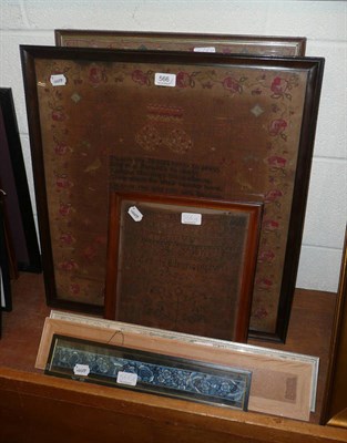 Lot 566 - Three 19th century framed samplers and three Chinese framed silks (a.f.)