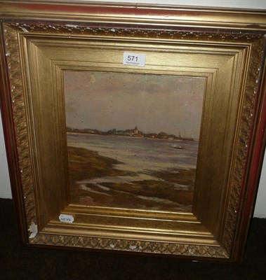 Lot 571 - Gilt framed oil seascape with buildings in the foreground, signed