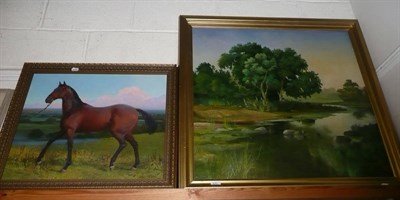 Lot 572 - Framed oil on canvas study of a horse, signed by a Russian artist together with a landscape