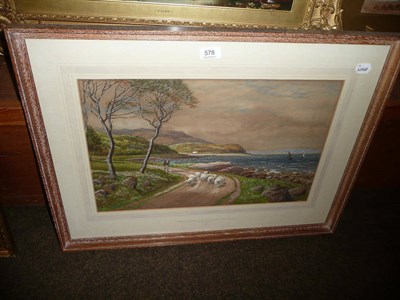 Lot 578 - Ward Hey - 'Shepherd and Sheep on the Arran Coast at Corri, Ireland', signed watercolour