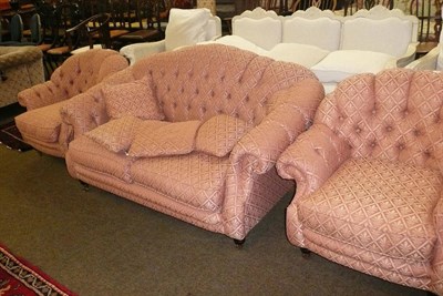 Lot 681 - Modern three piece shell shaped back suite, comprising arch back settee and two arm chairs...