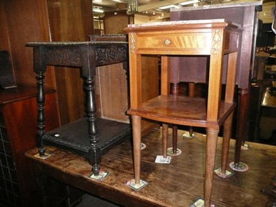 Lot 734 - Teak glazed bookcase, an ebonised oak two tier occasional table and a marble top bedside table