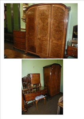 Lot 746 - A Queen Anne style eight piece walnut bedroom suite comprising triple wardrobe, single...