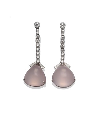 Lot 269 - A Pair of 18 Carat White Gold Diamond and Rose Quartz Drop Earrings, round brilliant cut and...