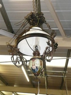 Lot 766 - An Art Nouveau pottery pendant oil lamp with glass chimney and shade (a.f.)