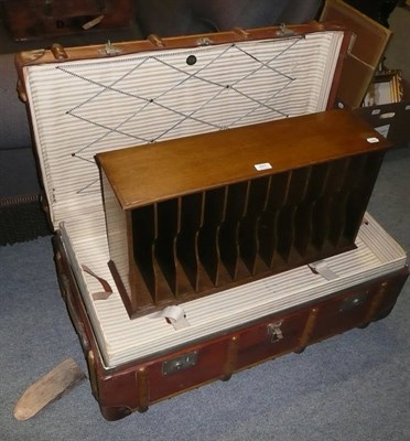 Lot 897 - A leather and wood bound trunk and an oak 12 section letter or filing rack (2)