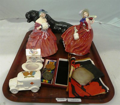 Lot 10 - Two Doulton figures HN1934 and HN1962, two World War I medals, two printed handkerchiefs,...