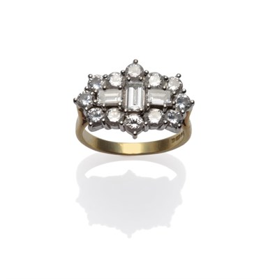 Lot 287 - An 18 Carat Gold Diamond Cluster Ring, three baguette cut diamonds within a border of round...