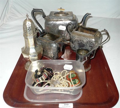 Lot 28 - Three piece plated tea set, plated caster, costume jewellery, etc