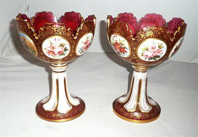 Lot 33 - Pair of enamelled overlay glass vases