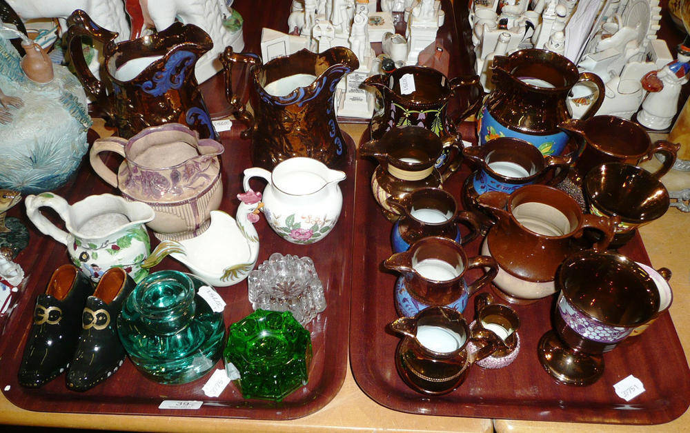 Lot 39 - Two trays of copper lustre jugs, glass inkwell, furniture rests, etc