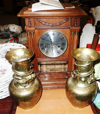 Lot 46 - American oak shelf clock and a pair of Japanese vases (3)