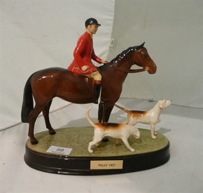 Lot 58 - Beswick Fox Hunting group on oval ceramic plinth comprising huntsman on standing brown horse, model