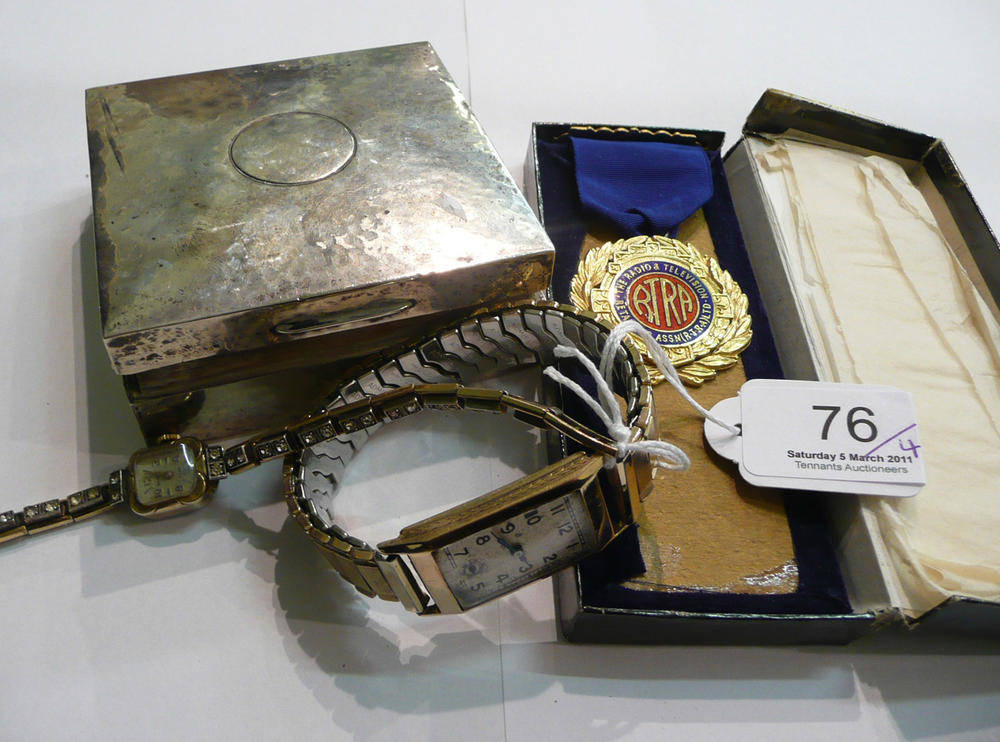 Lot 76 - Two watches, silver cigarette box and a 'Radio & Television Retailers Association' medal