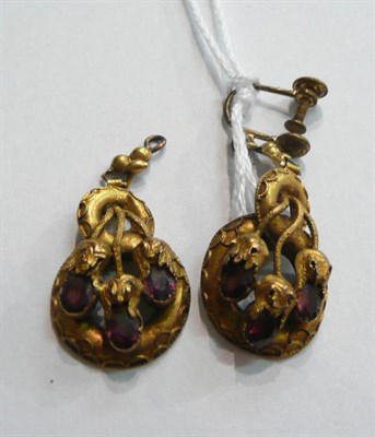 Lot 80 - A pair of mid-Victorian garnet-set drop earrings (a.f.)