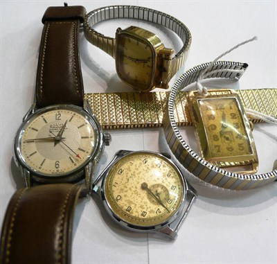 Lot 108 - An Art Deco wristwatch stamped '14k', two chrome gents wristwatches and a lady's gilt cased...