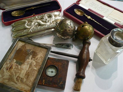 Lot 121 - Silver Coronation spoons, corkscrew, a white metal cigar holder, etc