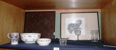 Lot 128 - A carved wooden panel, a pencil sketch of a pony, a small Poole jug, a Clarice Cliff bowl, a...