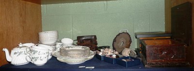 Lot 129 - Minton china tea set, a carved box, minerals, etc (shelf)