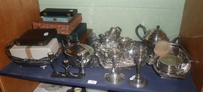 Lot 131 - Two silver candlesticks, cased silver teaspoons and a quantity of plated ware (shelf)