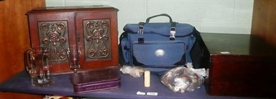 Lot 136 - An oak cased smoker's cabinet, a Canon camera outfit, a bone needle case, a quantity of toys, glass