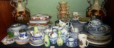 Lot 137 - A shelf of ceramics including a Wood & Sons Yuan part tea service, blue and white pottery, pair...