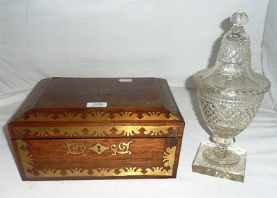 Lot 149 - Brass inlaid rosewood box and a glass jar and cover