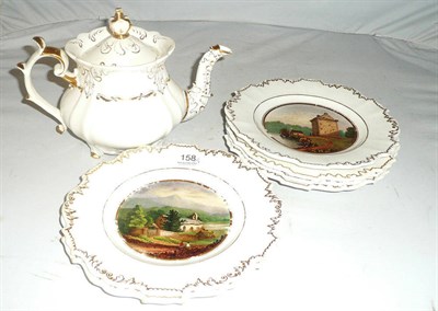 Lot 158 - Six Daniel's plates each with topographical view and Rockingham teapot